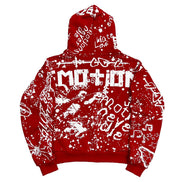 red full zip hoodie with white graffiti designs all over including the brand name Mixed Emotions.