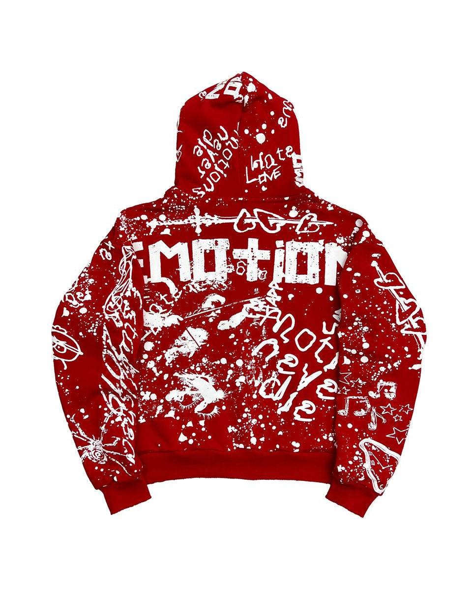 red full zip hoodie with white graffiti designs all over including the brand name Mixed Emotions.