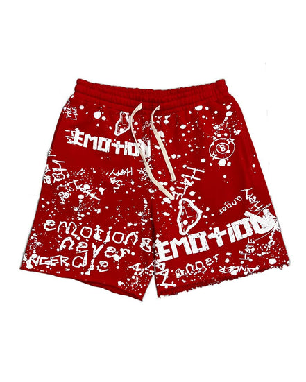all red sweat shorts with white graffiti designs all over including the brand name mixed emotions. 