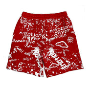 all red sweat shorts with white graffiti designs all over including the brand name mixed emotions. 