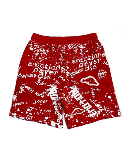 all red sweat shorts with white graffiti designs all over including the brand name mixed emotions. 