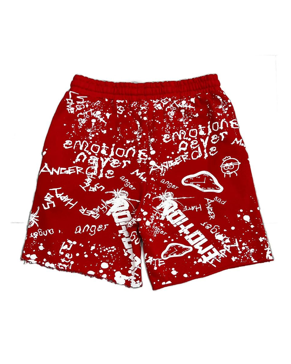 all red sweat shorts with white graffiti designs all over including the brand name mixed emotions. 