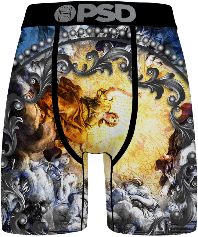 Boxer briefs with a decorative design featuring angels and clouds, branded 'PSD'.