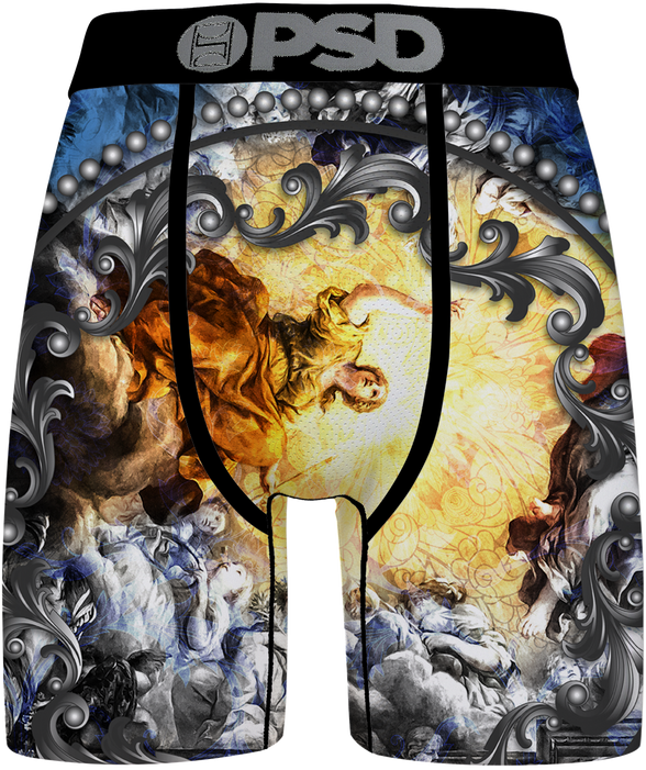 Boxer briefs with a decorative design featuring angels and clouds, branded 'PSD'.