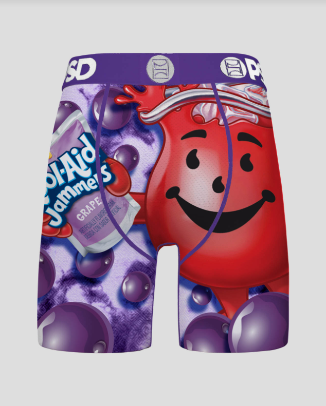Boxer briefs with a Kool-Aid character and Blistex design on a white background