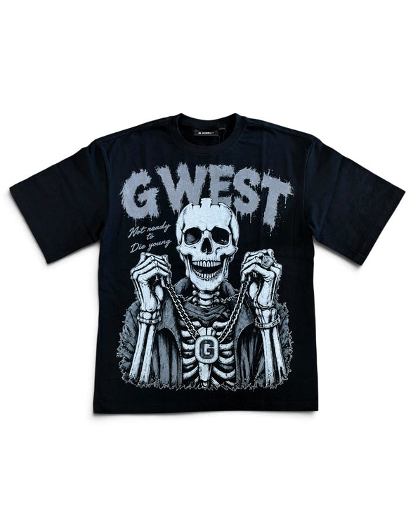 A black short-sleeve t-shirt featuring a large white graphic print of a skeleton wearing a G-West brand medallion necklace, with the text 'G-WEST' and 'West End' printed above.