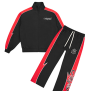 Black and red tracksuit with branding on a white background