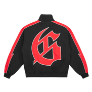 Black jacket with red accents and a large red logo on the back, on a white background