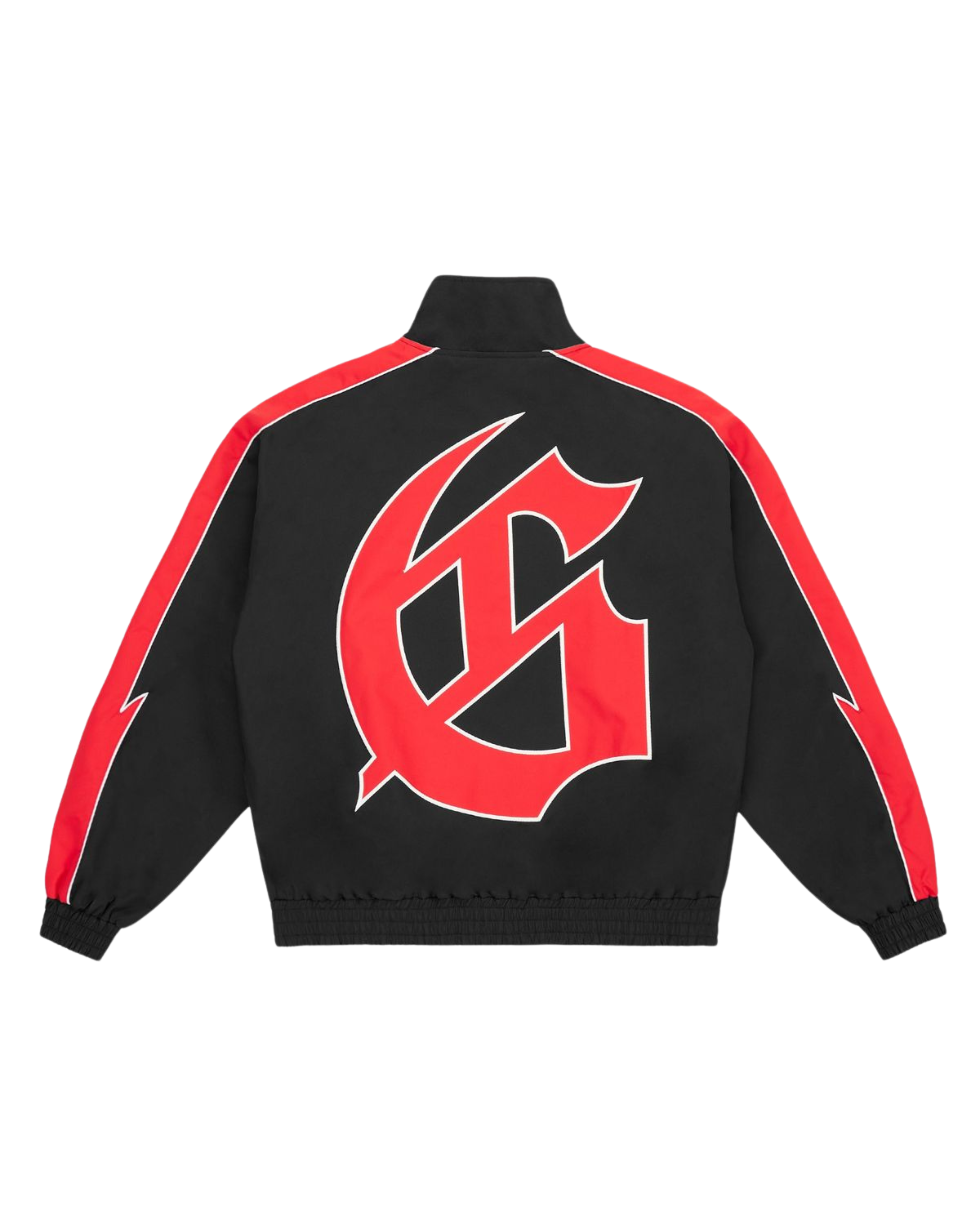 Black jacket with red accents and a large red logo on the back, on a white background