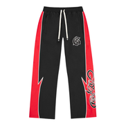 Black and red pants with a logo on a white background