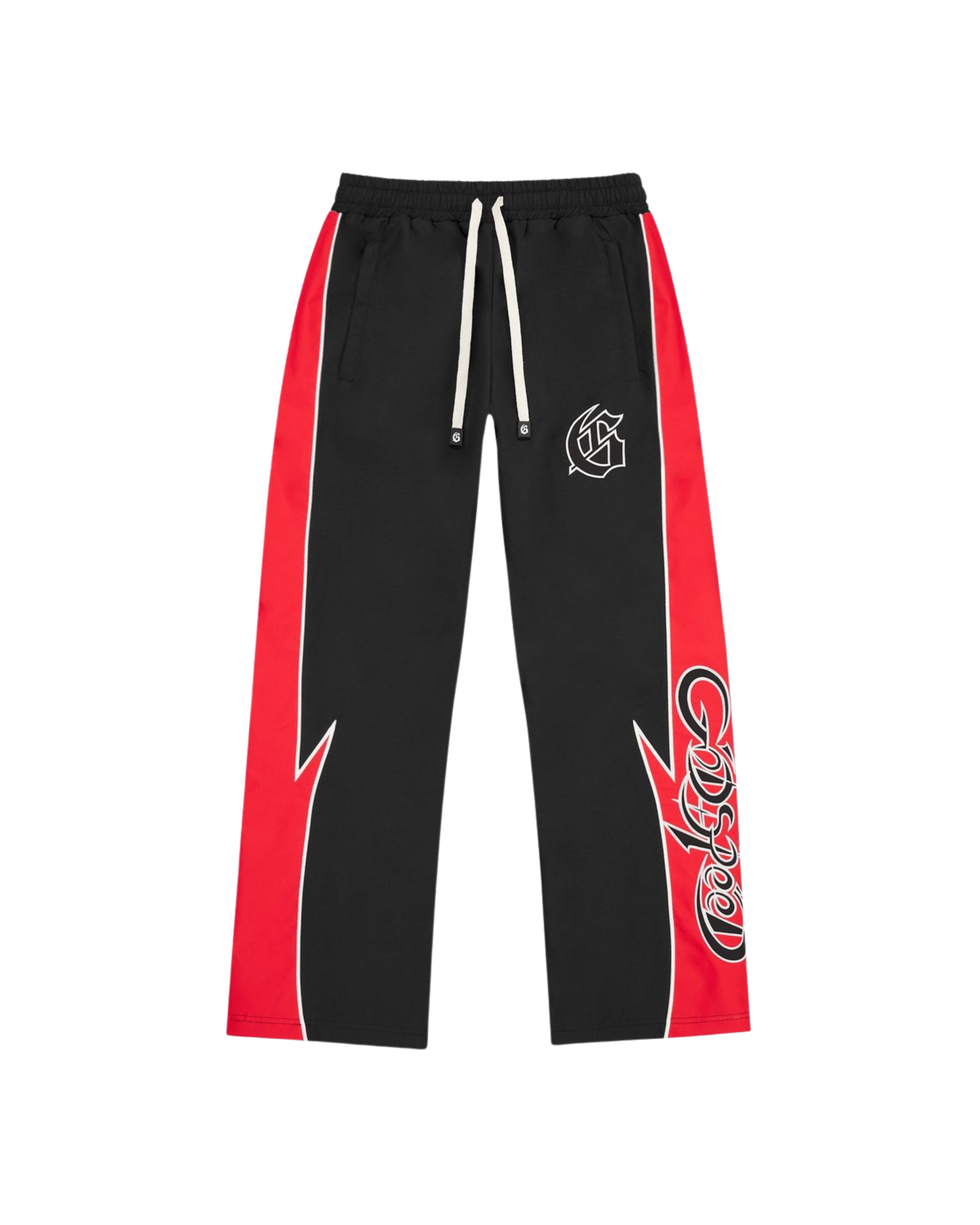 Black and red pants with a logo on a white background