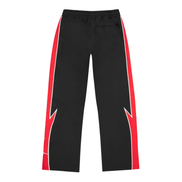 Black pants with red lightning bolt stripes on a white background