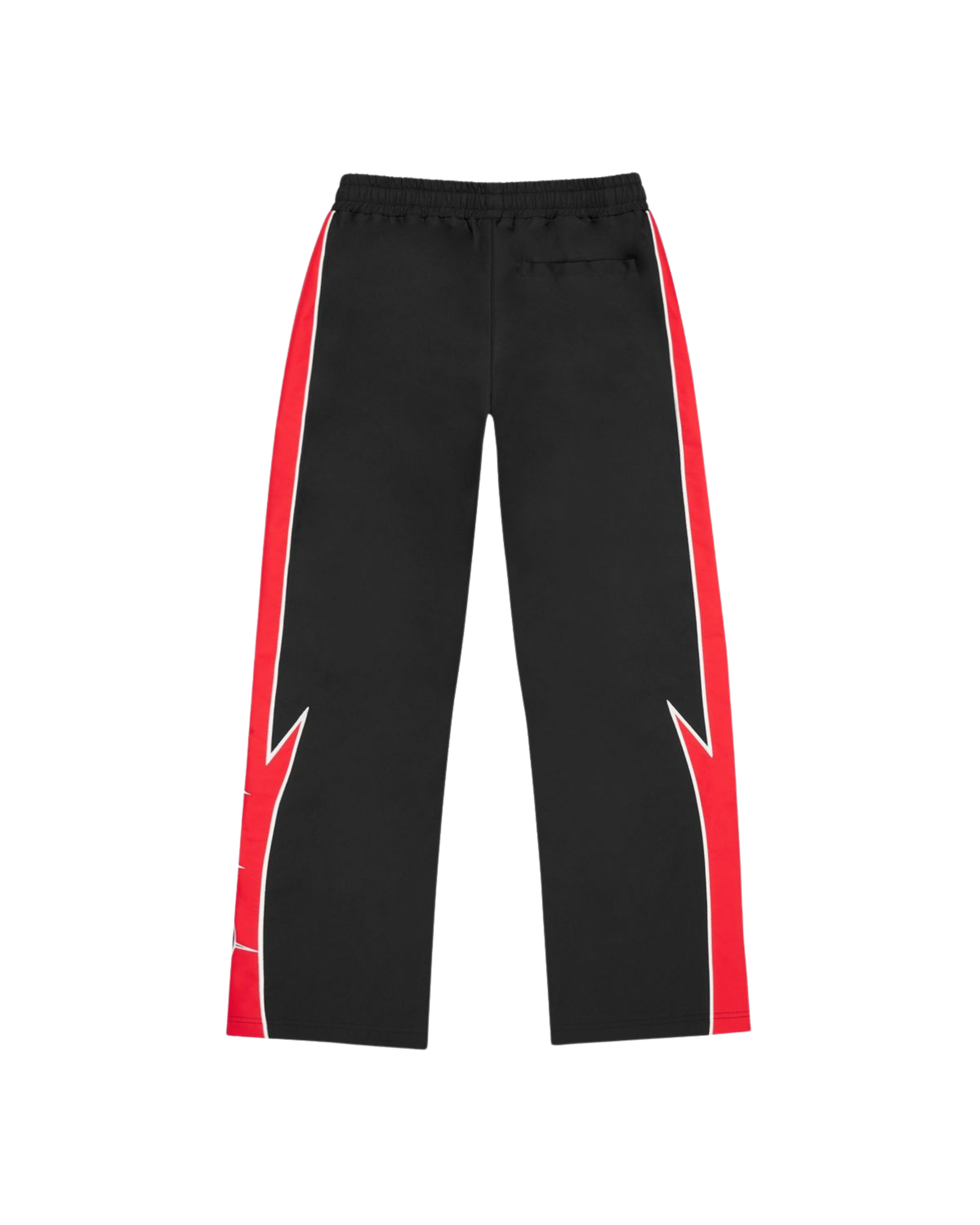 Black pants with red lightning bolt stripes on a white background