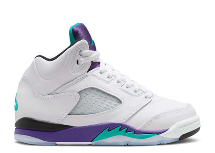jordan retro 5's grape in preschool size. an all white jordan 5 with purple, teal, and black accents