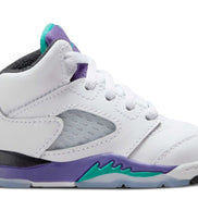 jordan retro 5's grape in toddler size. an all white jordan 5 with purple, teal, and black accents