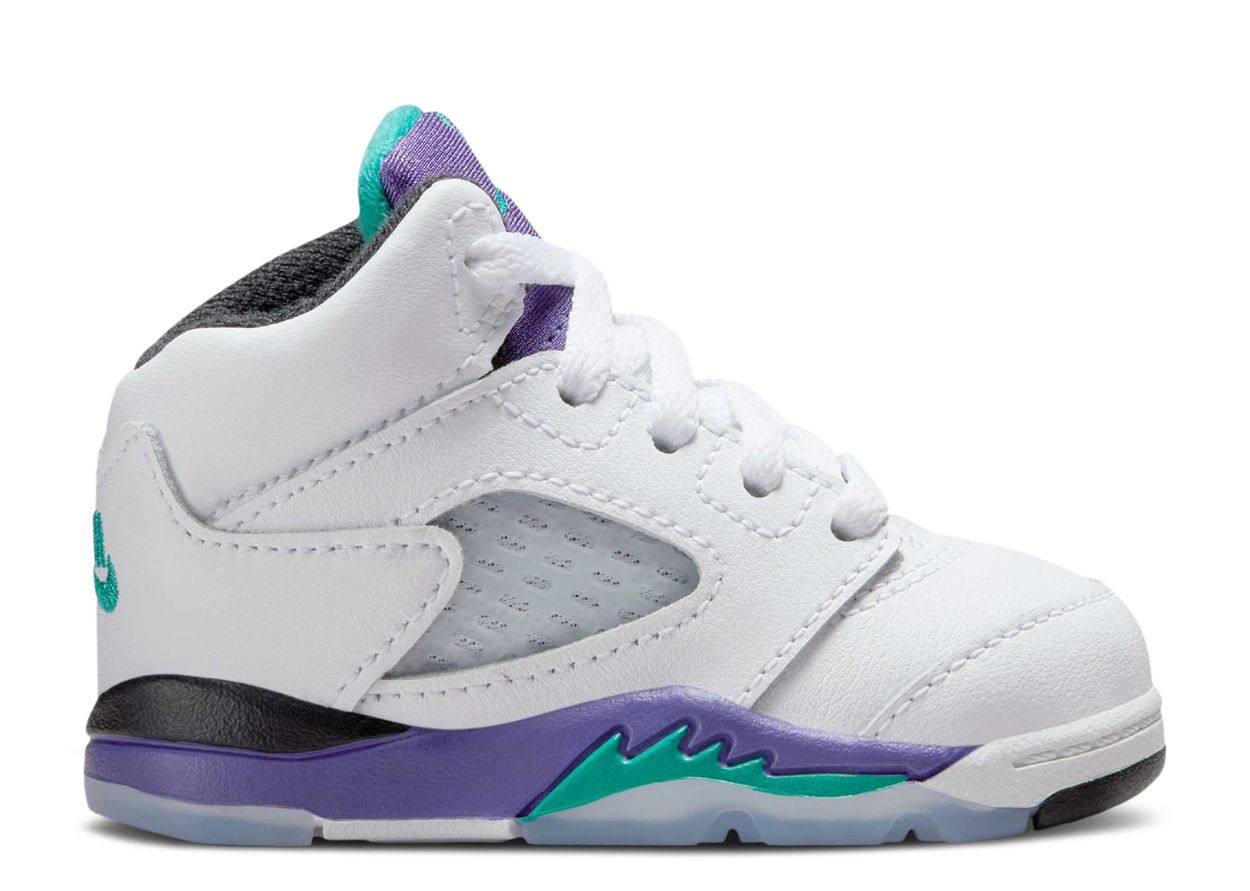 jordan retro 5's grape in toddler size. an all white jordan 5 with purple, teal, and black accents