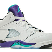 jordan retro 5's grape in toddler size. an all white jordan 5 with purple, teal, and black accents