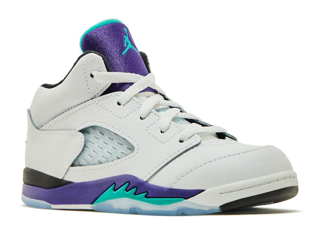 jordan retro 5's grape in toddler size. an all white jordan 5 with purple, teal, and black accents