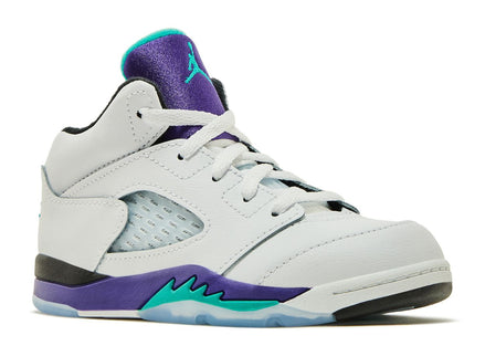 jordan retro 5's grape in toddler size. an all white jordan 5 with purple, teal, and black accents