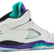 jordan retro 5's grape in toddler size. an all white jordan 5 with purple, teal, and black accents