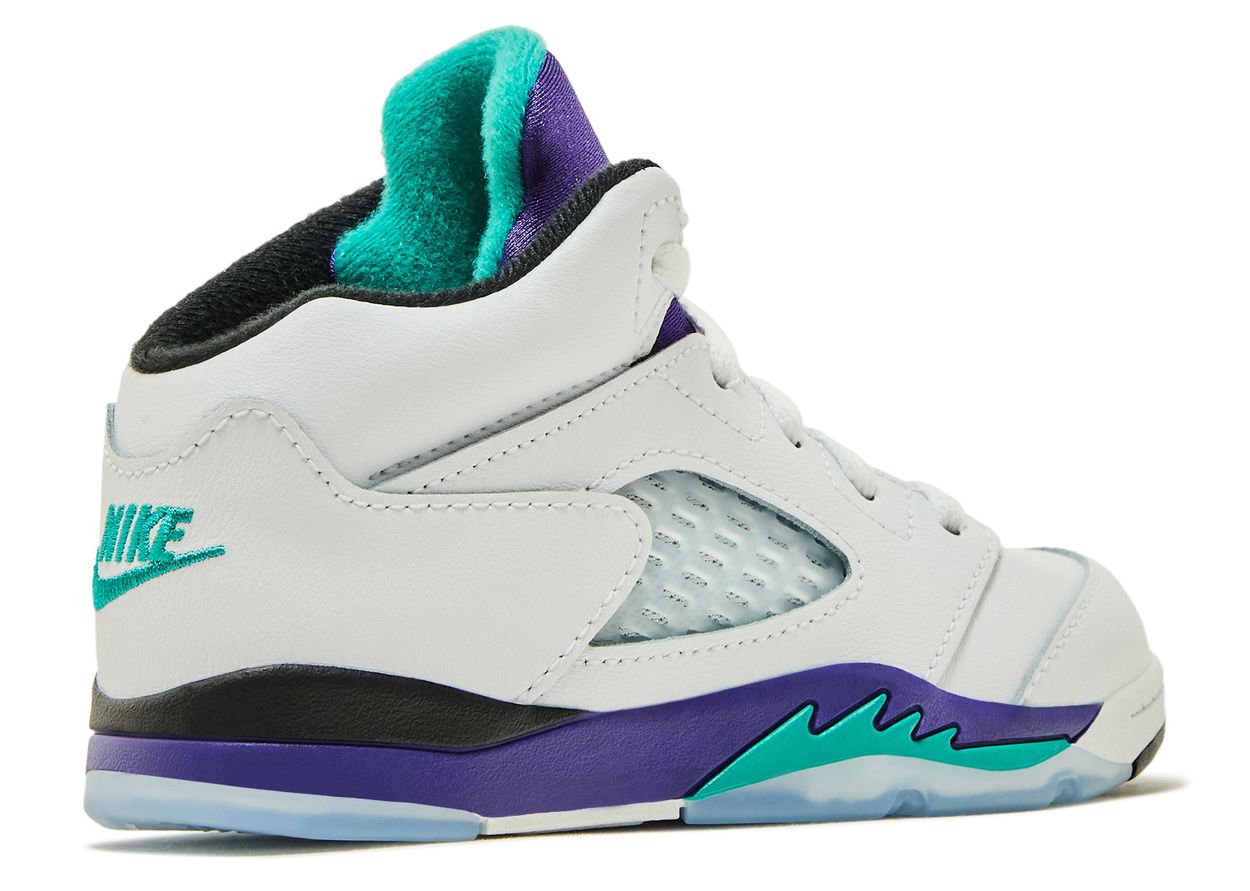 jordan retro 5's grape in toddler size. an all white jordan 5 with purple, teal, and black accents