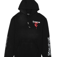 Black hoodie with brand logo on a white background
