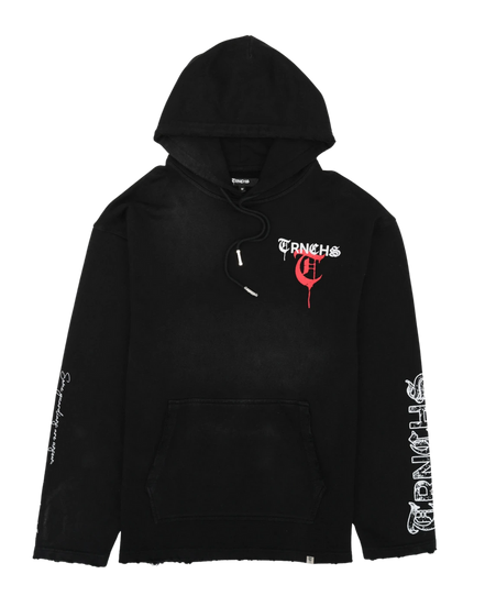 Black hoodie with brand logo on a white background