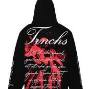 Black hoodie with red and white graphic design on a white background