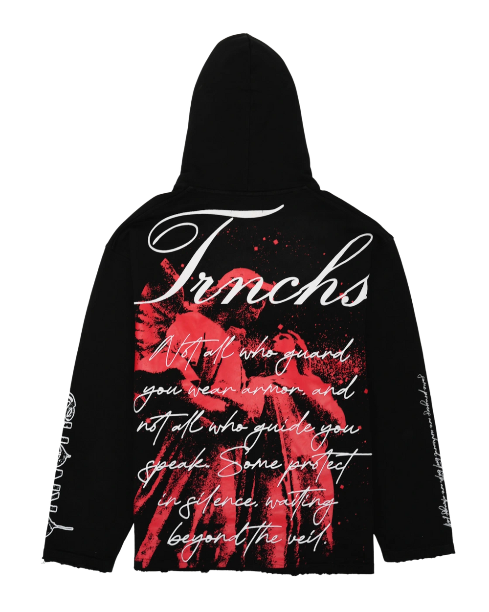 Black hoodie with red and white graphic design on a white background