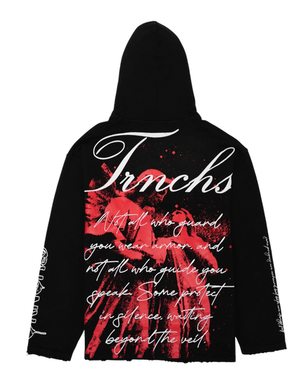 Black hoodie with red and white graphic design on a white background