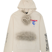 Beige hoodie with brand logo and text on a white background
