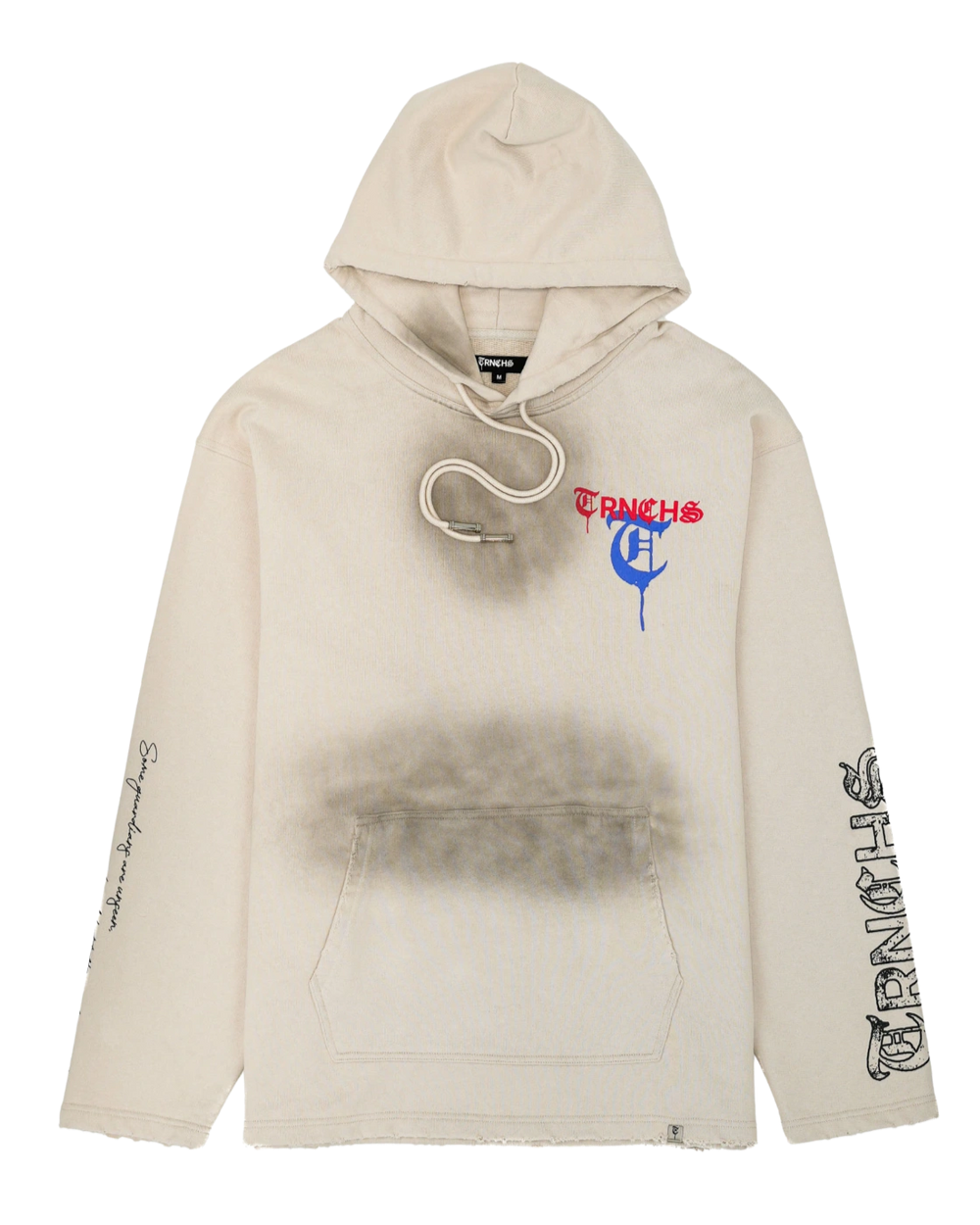 Beige hoodie with brand logo and text on a white background