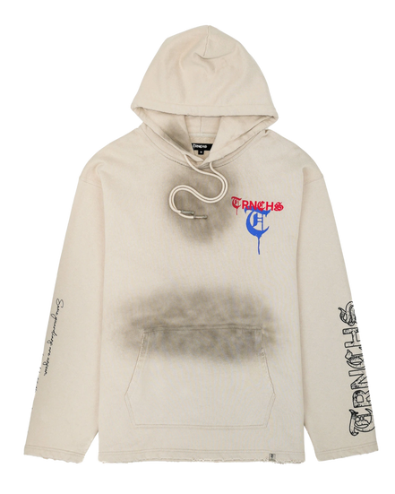 Beige hoodie with brand logo and text on a white background