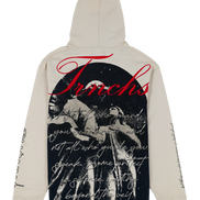 Beige hoodie with graphic design on the back featuring text and a silhouette of a person.