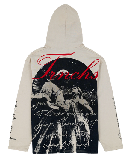 Beige hoodie with graphic design on the back featuring text and a silhouette of a person.