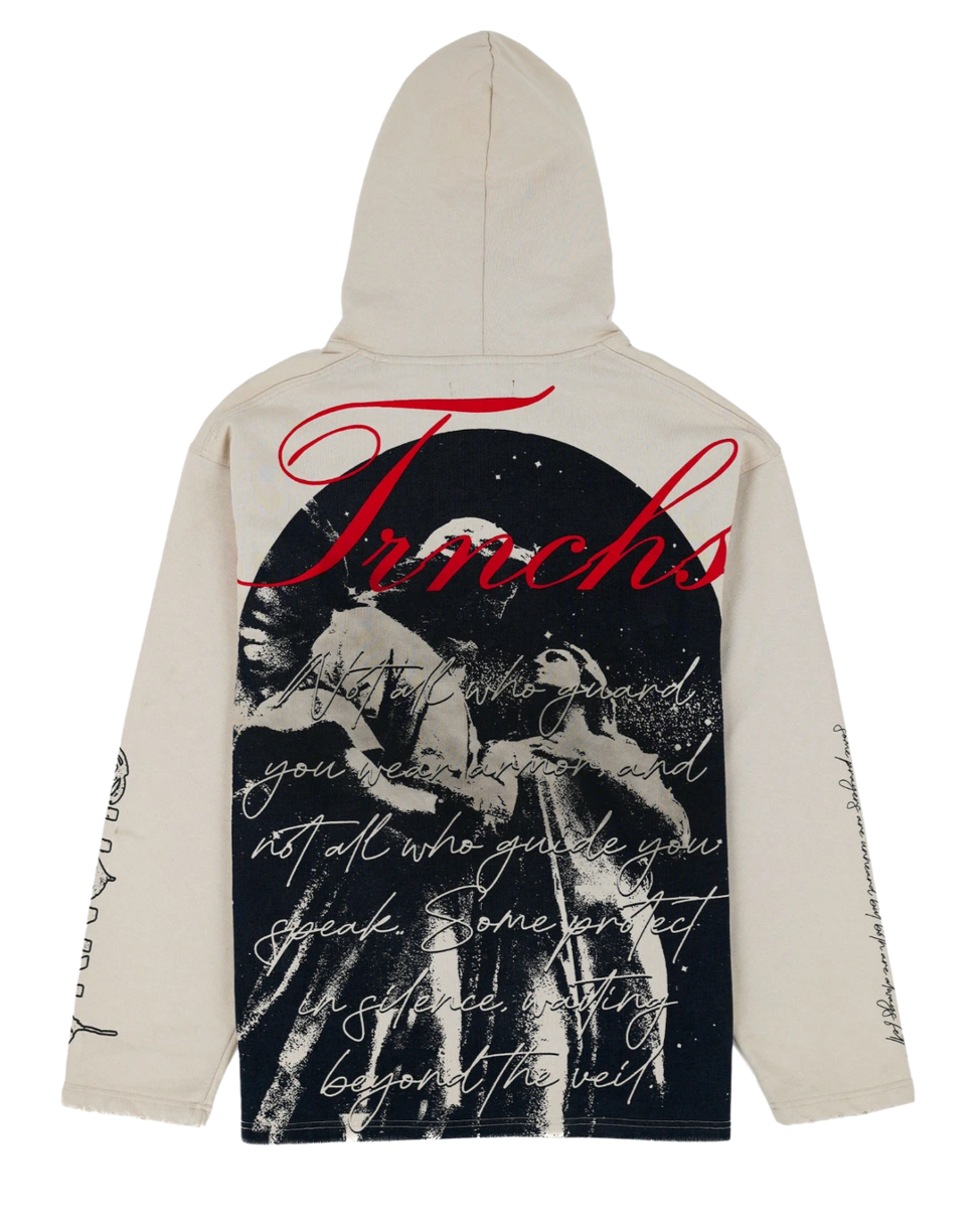 Beige hoodie with graphic design on the back featuring text and a silhouette of a person.