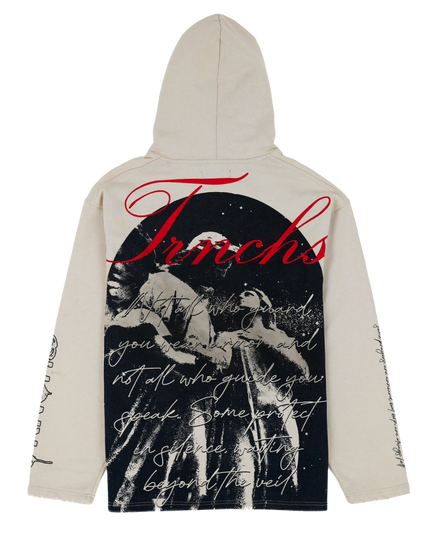 Beige hoodie with graphic design on the back featuring text and a silhouette of a person.