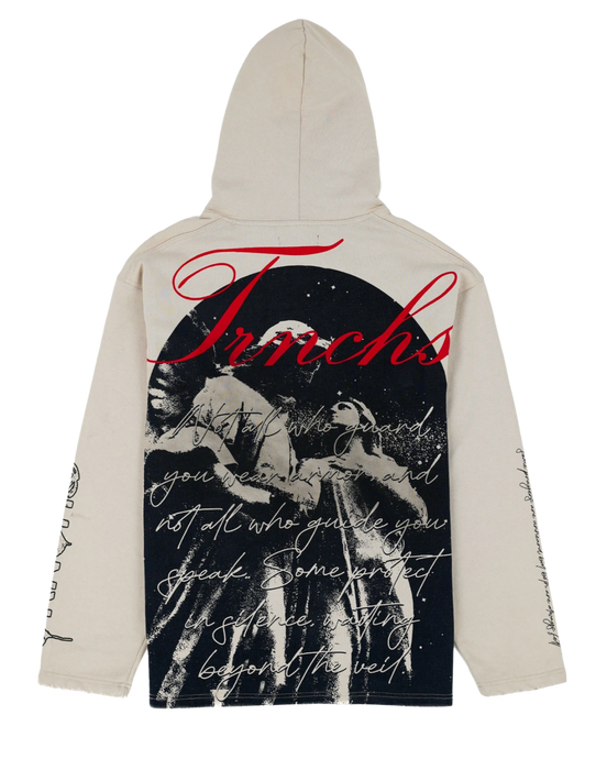 Beige hoodie with graphic design on the back featuring text and a silhouette of a person.