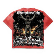 A red short-sleeve graphic t-shirt featuring a large black, white, and orange print of a triumphant soldier with the text 'Champions Only' and 'Vtilted Sports' on a white background.