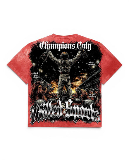 A red short-sleeve graphic t-shirt featuring a large black, white, and orange print of a triumphant soldier with the text 'Champions Only' and 'Vtilted Sports' on a white background.
