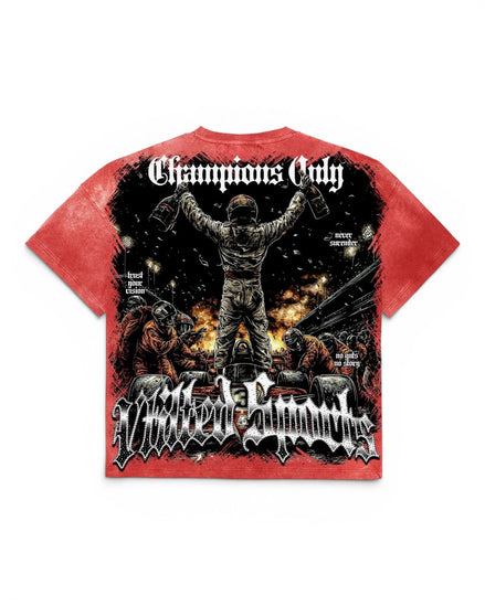 A red short-sleeve graphic t-shirt featuring a large black, white, and orange print of a triumphant soldier with the text 'Champions Only' and 'Vtilted Sports' on a white background.
