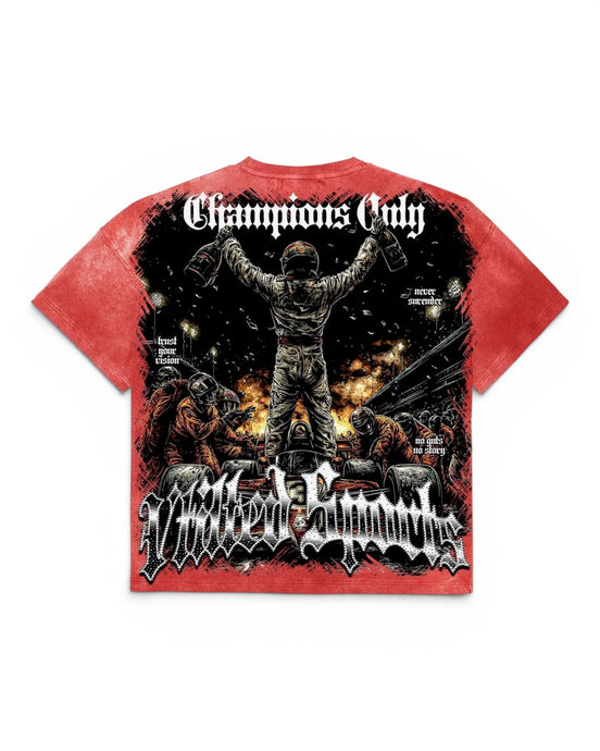 A red short-sleeve graphic t-shirt featuring a large black, white, and orange print of a triumphant soldier with the text 'Champions Only' and 'Vtilted Sports' on a white background.