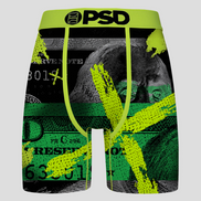 Boxer briefs with dollar bill design and 'PSD' branding on a gray background