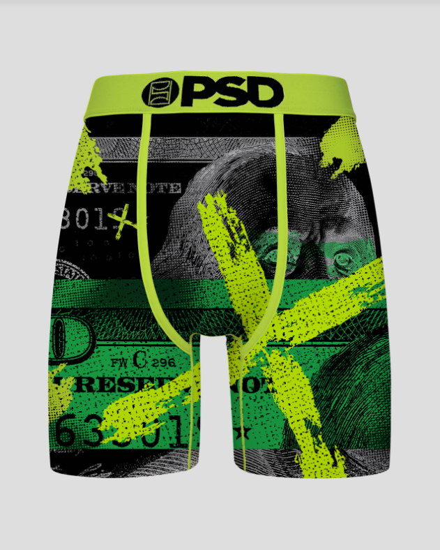 Boxer briefs with dollar bill design and 'PSD' branding on a gray background