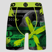 Boxer briefs with dollar bill design and 'PSP' branding on a gray background