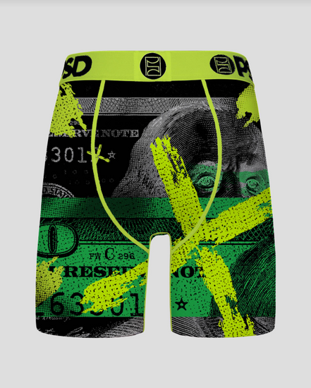 Boxer briefs with dollar bill design and 'PSP' branding on a gray background
