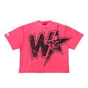 A red wash short-sleeve t-shirt with a large black distressed graphic on the front featuring a star, lightning bolt, and skull design, displayed flat against a white background.
