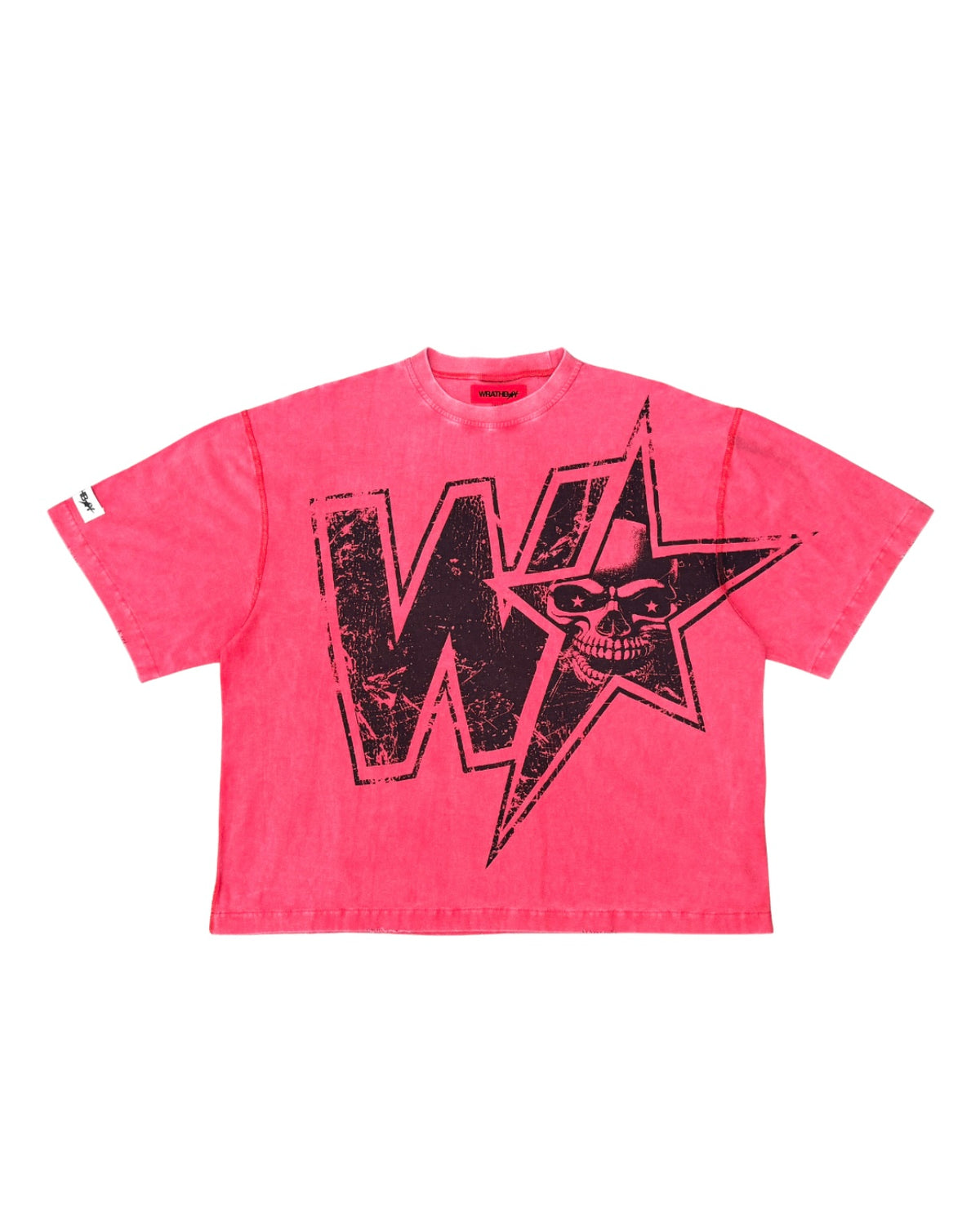 A red wash short-sleeve t-shirt with a large black distressed graphic on the front featuring a star, lightning bolt, and skull design, displayed flat against a white background.