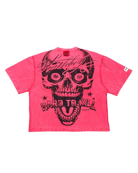 A red wash short-sleeve t-shirt with a large black graphic of a skull and the words 'Hard To Kill' on the front, displayed flat against a white background.