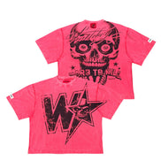 A red wash short-sleeve graphic T-shirt shown from both front and back. The front features a large black distressed star and skull graphic with the letters 'W' and 'A'.